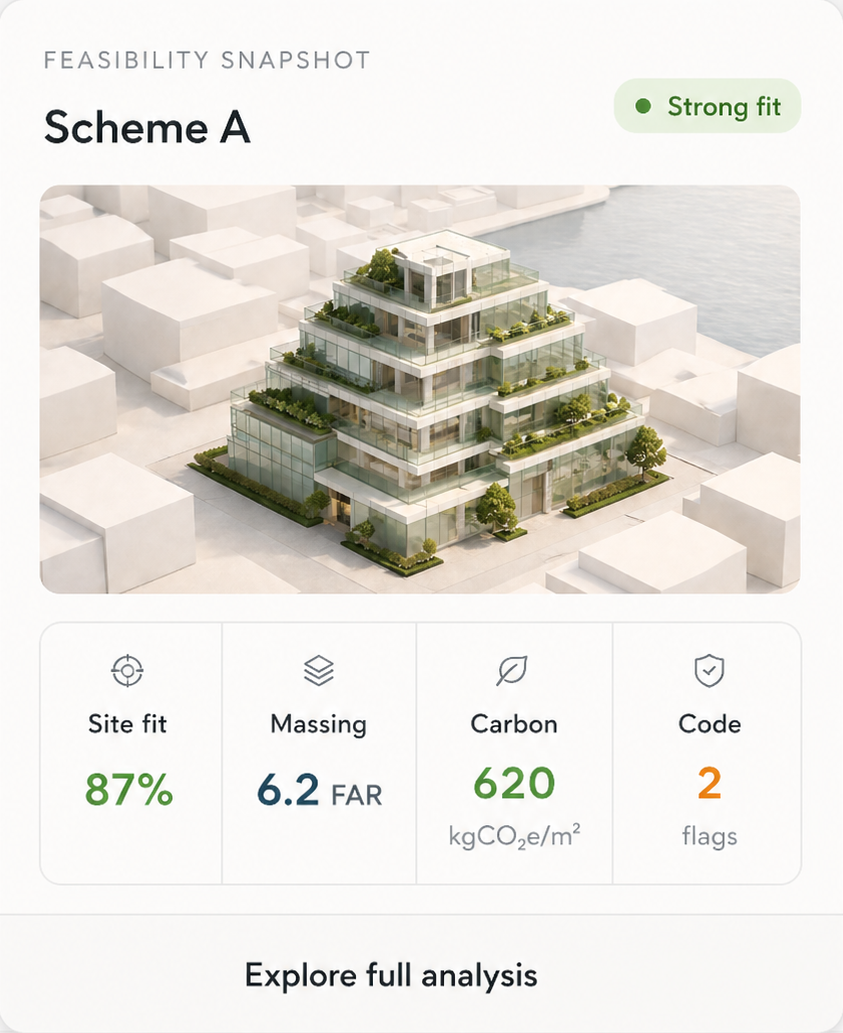 Cocoon feasibility snapshot with site fit, massing, carbon, and code metrics